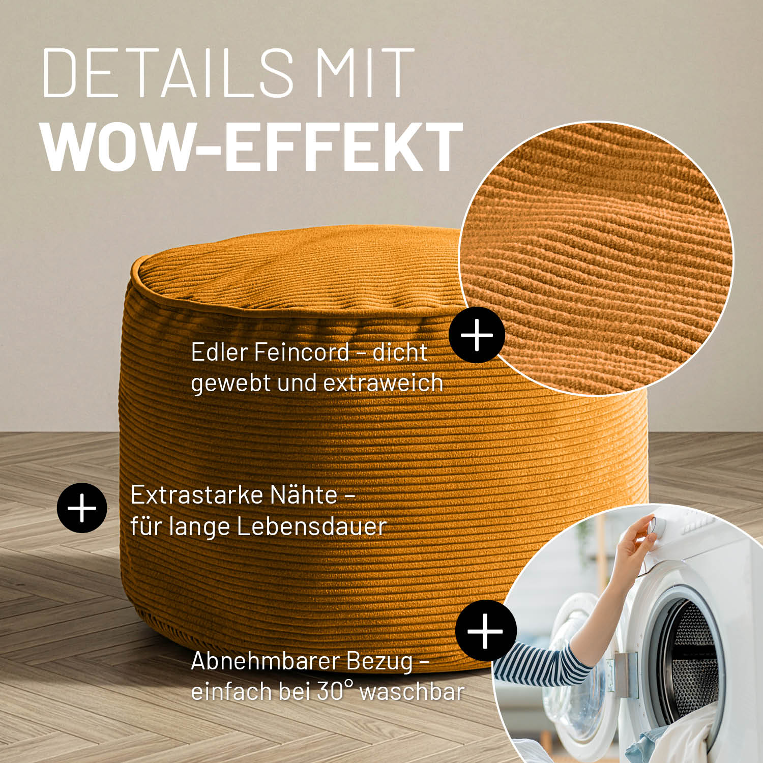 Senfgelber Feincord-Pouf mit Detailansichten zu Stoffstruktur, robusten Nähten und abnehmbarem, waschbarem Bezug auf Holzfußboden.