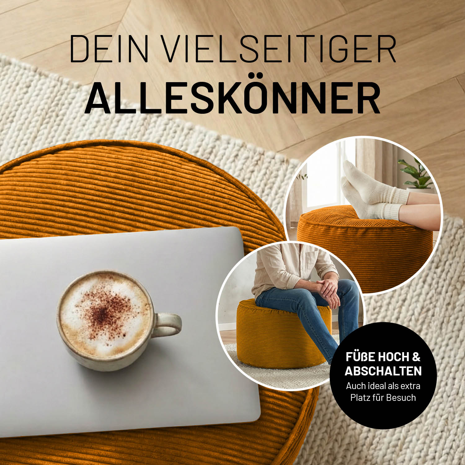 Senfgelber Feincord-Pouf als vielseitiger Alleskönner, genutzt als Ablage mit Tablett, Sitzgelegenheit und Fußstütze im Wohnbereich.