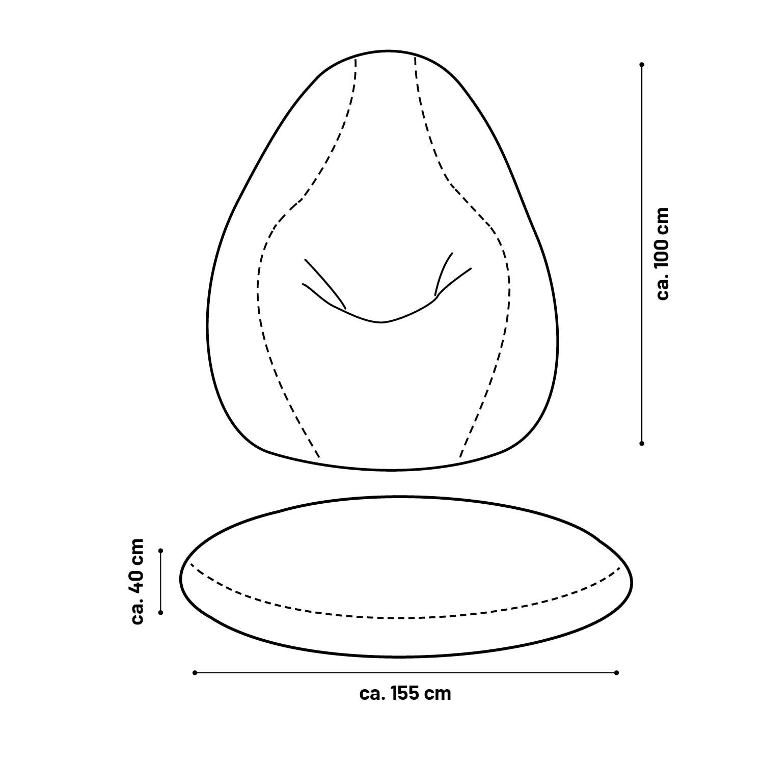 Illustration des Sitzsackes aufgestellt und liegend mit Maßen (Höhe 84 cm) und flach auf dem Boden (Breite 142 x Höhe 60 cm).
