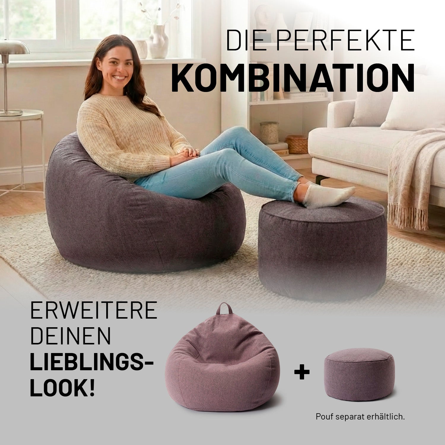 Eine Frau entspannt auf dem dunkelgrauen Comfort Line Sitzsack mit passendem Pouf im Wohnzimmer. Text „Die perfekte Kombination“ und Hinweis: Pouf separat erhältlich.