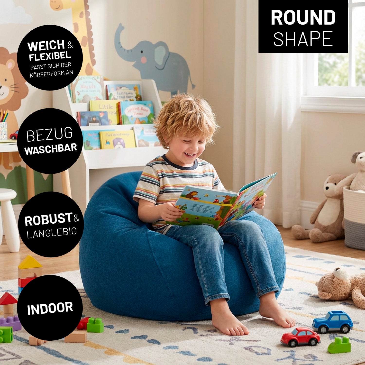 Ein Kind liest auf rundem Comfort Line Sitzsack im Kinderzimmer, umgeben von Spielzeug und Büchern. Icons zu "weich & flexibel", "Bezug waschbar", "Robust & Langlebig" und "Indoor".