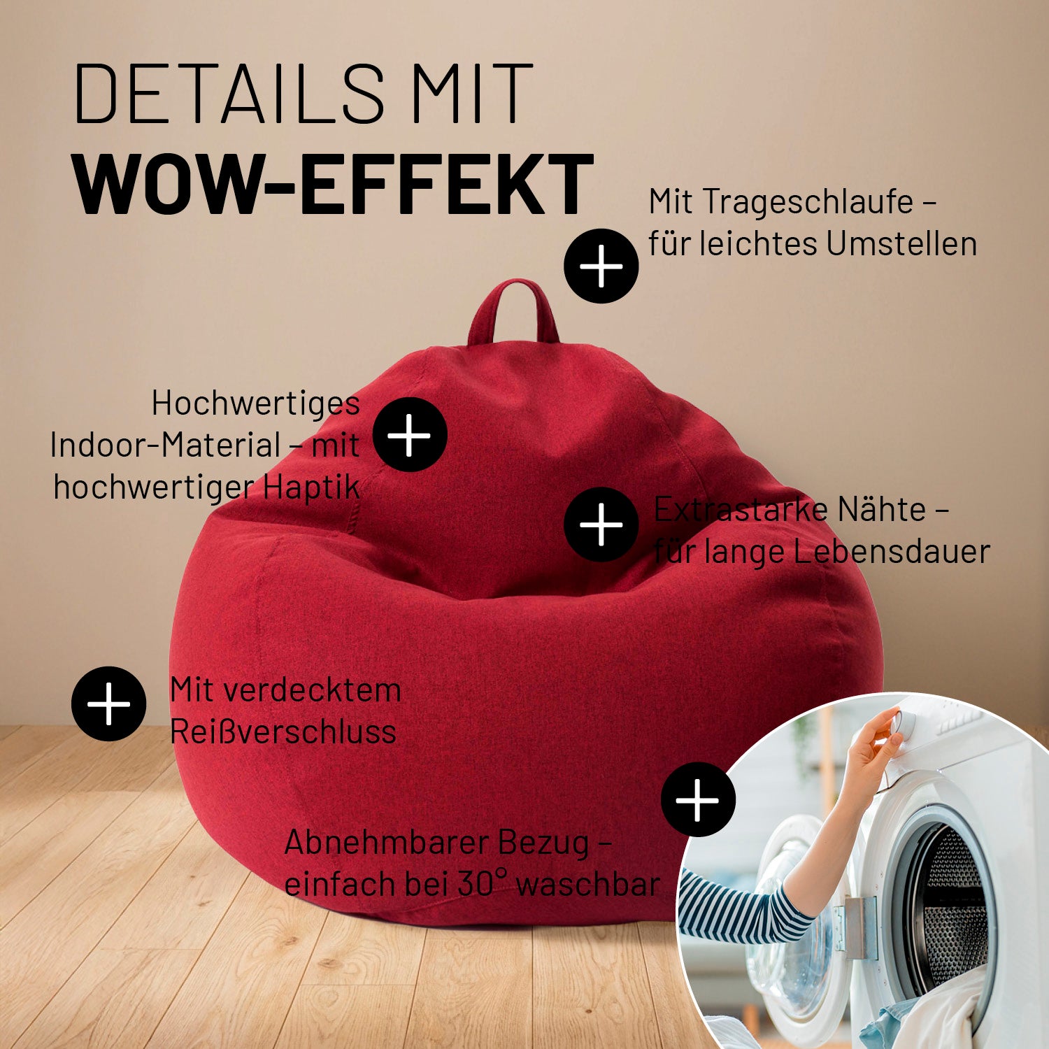 Comfort Line Sitzsack im Detail mit Infos zu "Mit Trageschlaufe", "Hochwertiges Indoor-Material", "Extrastarke Nähte", "Verdeckter Reißverschluss" und "Abnehmbarer & Waschbarer Bezug".