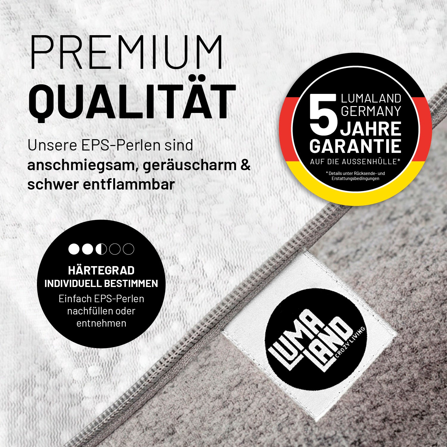Hinweise zu den EPS Perlen mit Info zu 5 Jahren Garantie für die Aussenhülle und Härtegrad individuell bestimmbar.