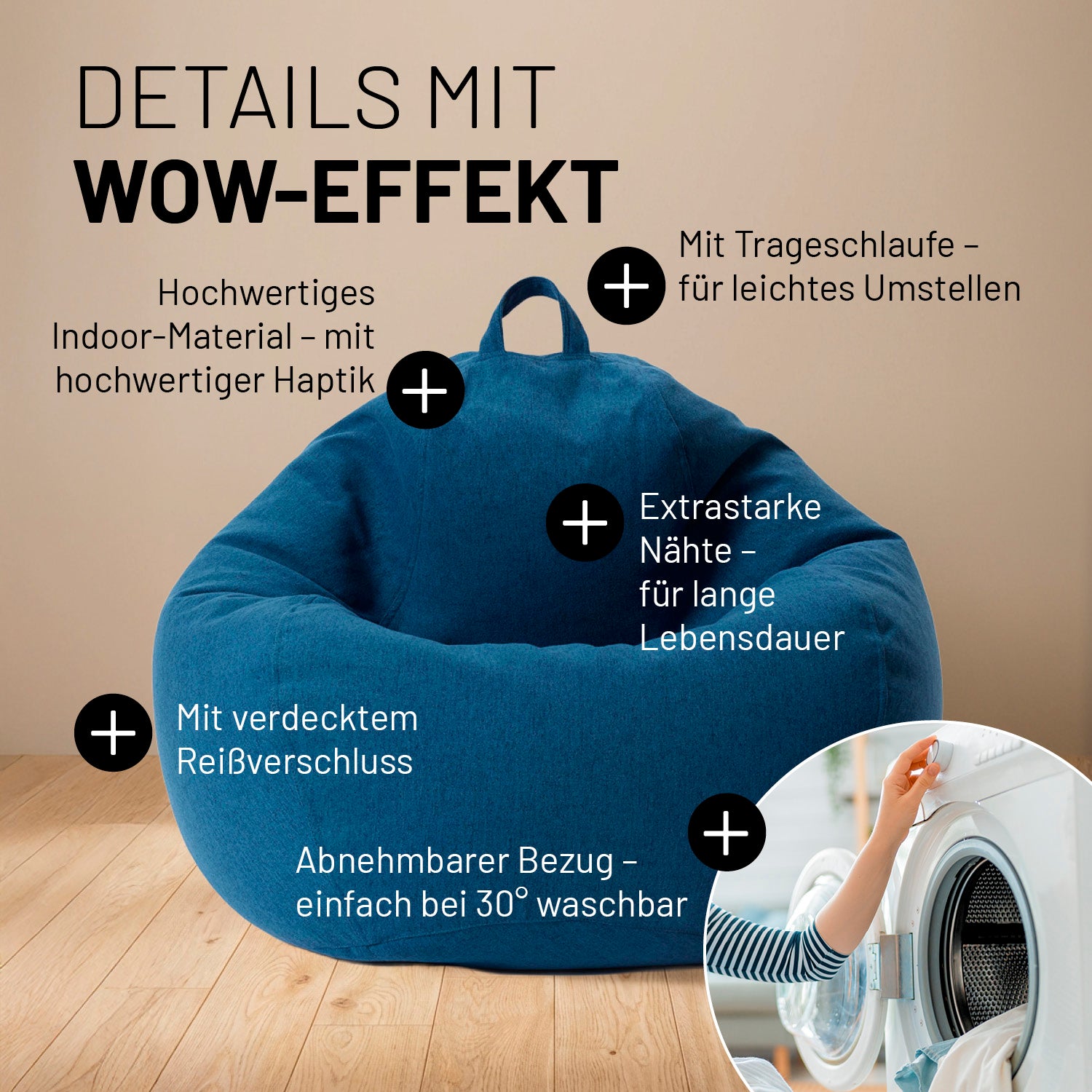 Comfort Line Sitzsack im Detail mit Infos zu "Mit Trageschlaufe", "Hochwertiges Indoor-Material", "Extrastarke Nähte", "Verdeckter Reißverschluss" und "Abnehmbarer & Waschbarer Bezug".