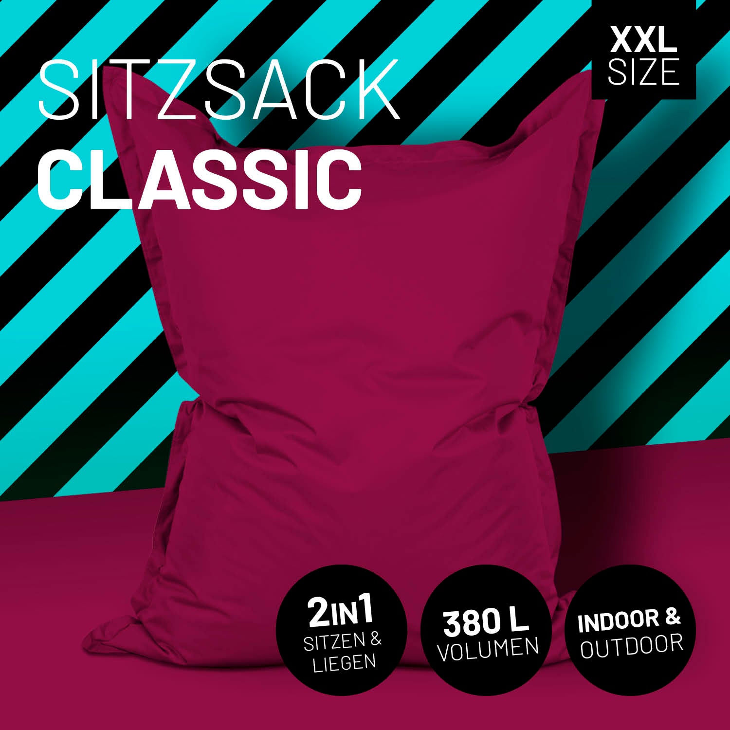 LUMALAND Sitzsack in Weinrot mit Icon "XXL Size", "2 in 1 - Sitzen & Liegen", "380 L Volumen" und "Indoor & Outdoor".