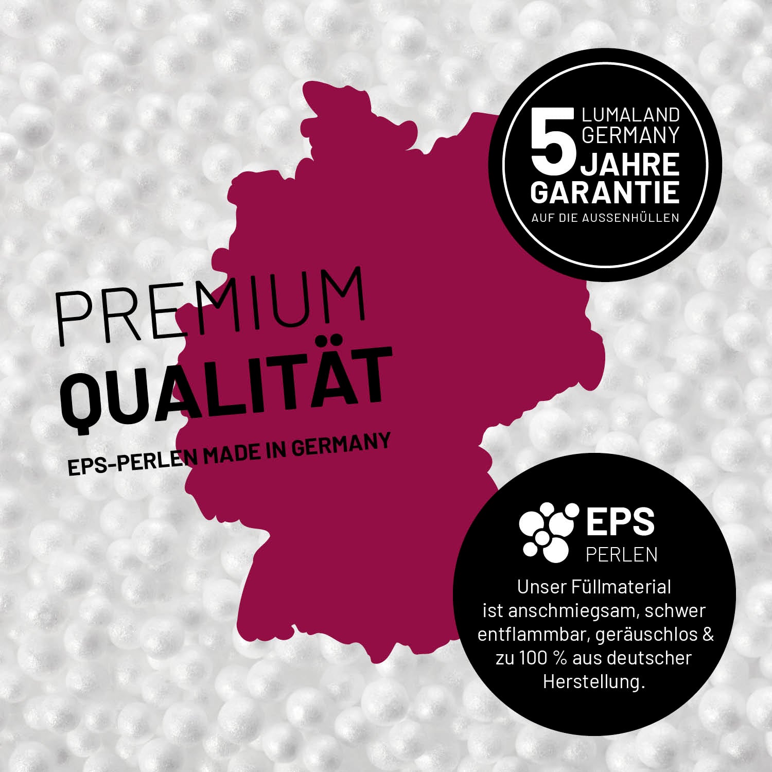Umrisse der Deutschland-Karte mit Hinweis auf die EPS-Perlen und LUMALAND Germany 5 Jahre Garantie auf die Aussenhülle.