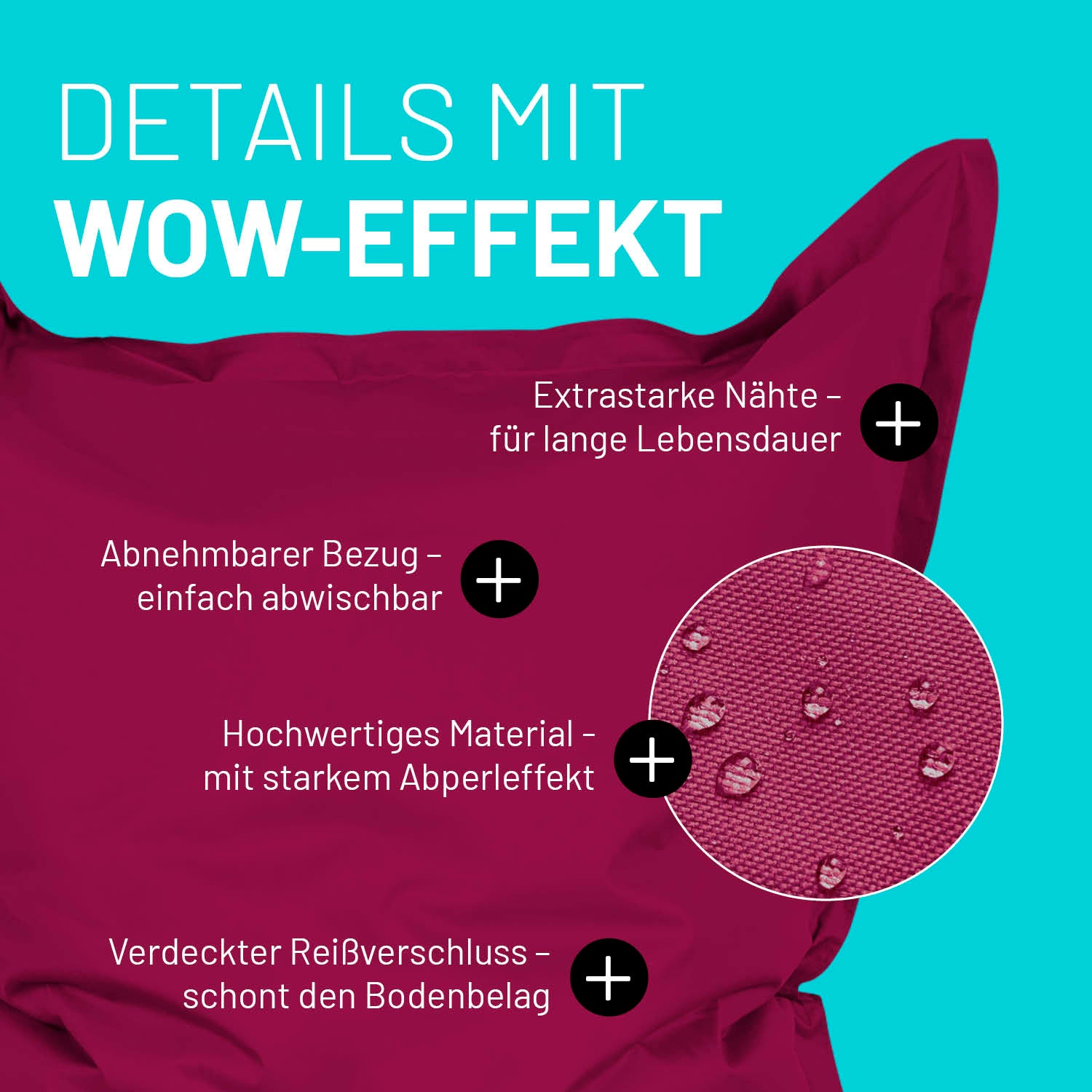 Weinroter Sitzsack im Detail mit Informationen zu "Abwischbarer Bezug", "Verdeckter Reißverschluss" und "Extrastarke Nähte".