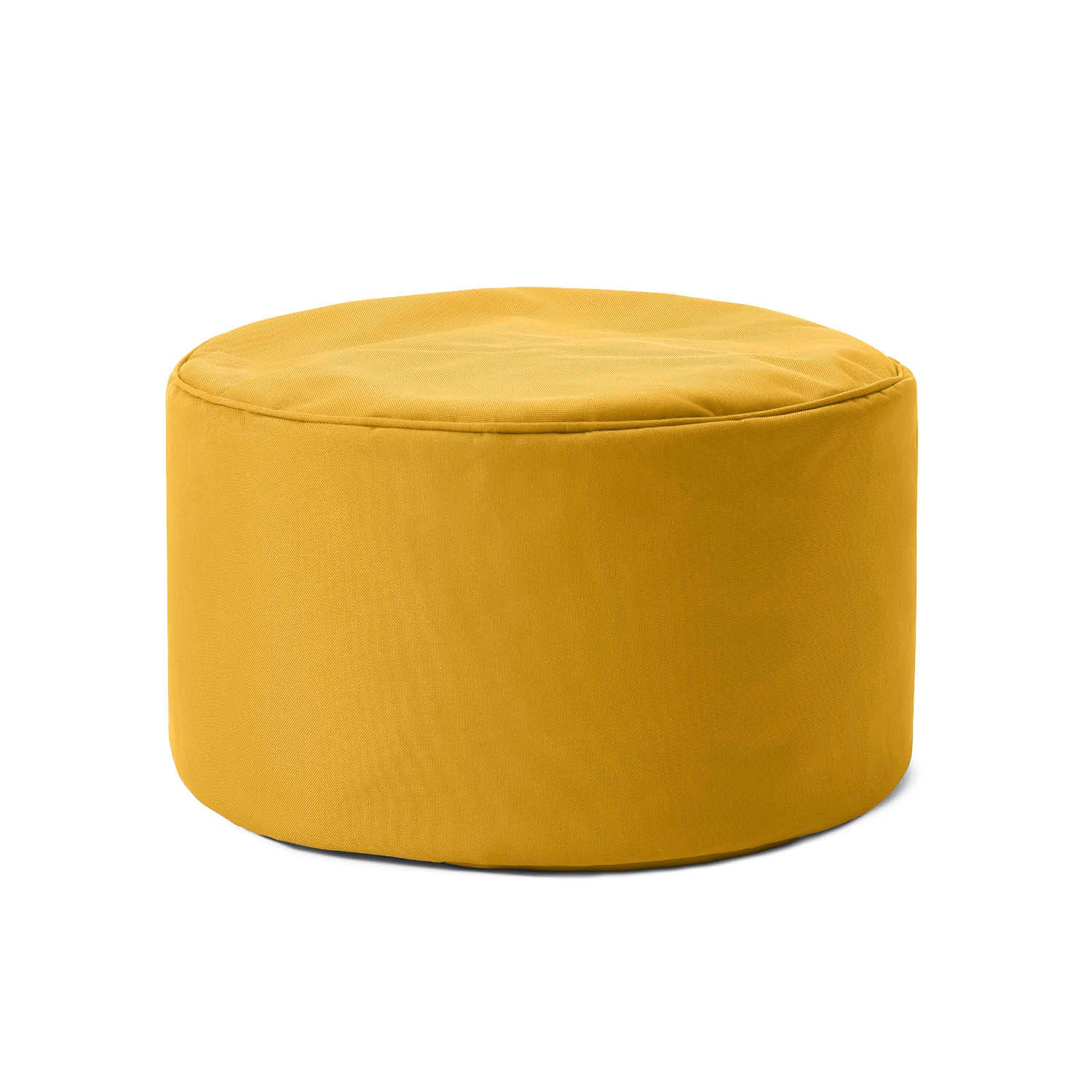 Kompakter Hocker/Pouf/Ablage für Indoor & Outdoor in Senfgelb vor weißem Hintergrund.
