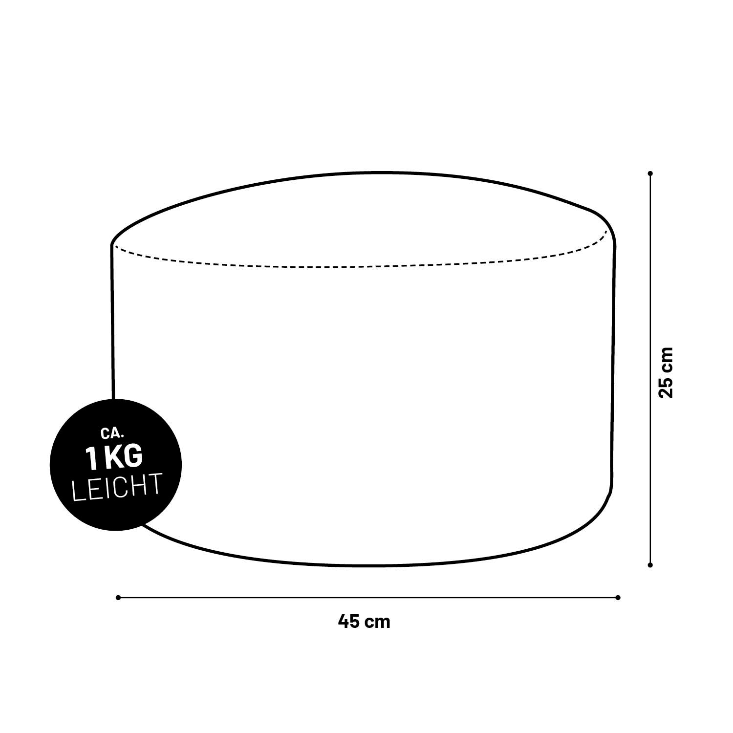 Illustration des Sitzhockers mit Maßangaben (45 x 25 cm) und Gewichtsangabe (1 kg).