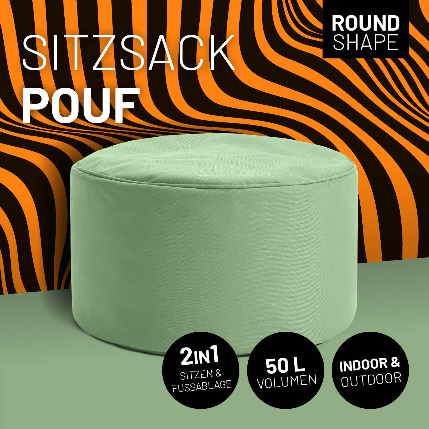 Pastellgrüner Pouf mit Icon "Round Shape", "2 in 1 - Sitzen & Fußablage", "50 L Volumen" und "Indoor & Outdoor".