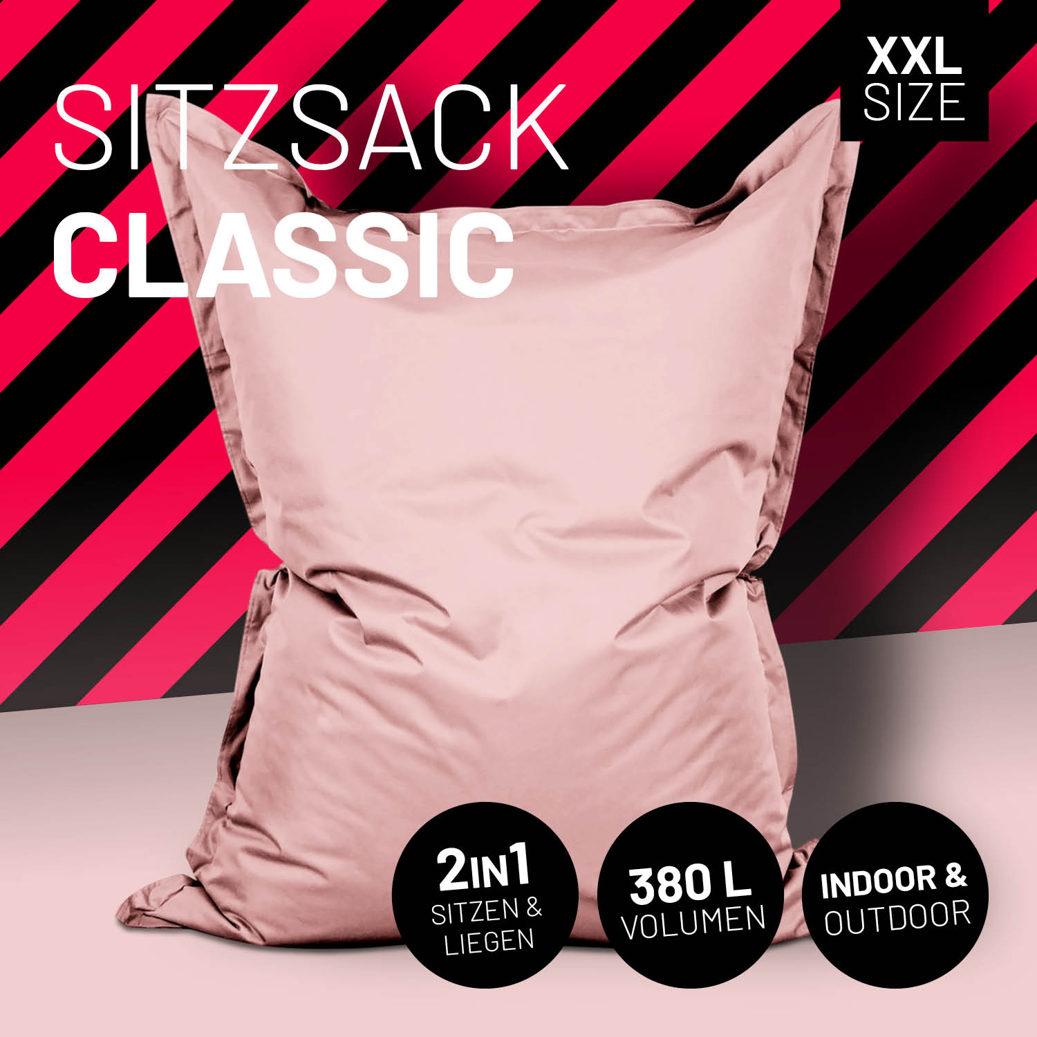 LUMALAND Sitzsack in Pastell Pink mit Icon "XXL Size", "2 in 1 - Sitzen & Liegen", "380 L Volumen" und "Indoor & Outdoor".