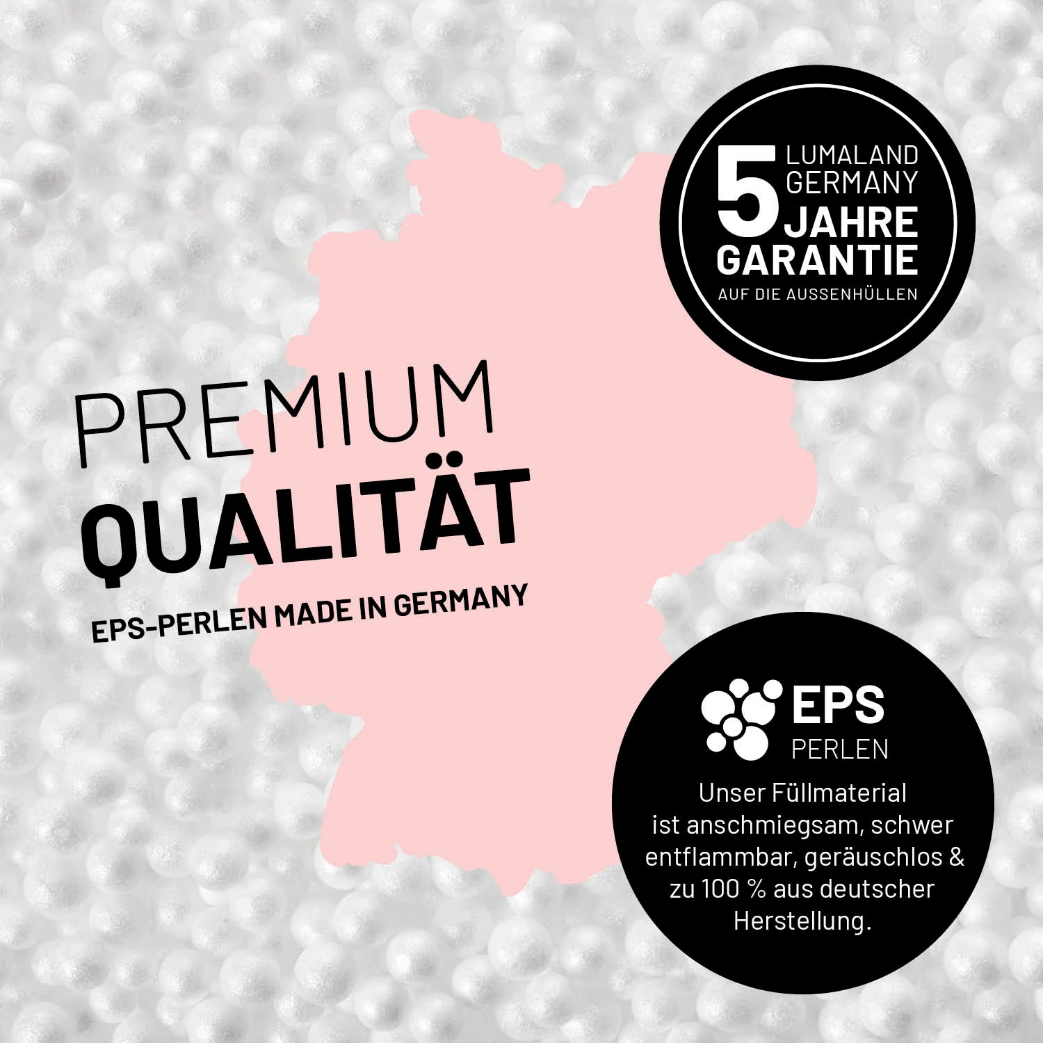 Umrisse der Deutschland-Karte mit Hinweis auf die EPS-Perlen und LUMALAND Germany 5 Jahre Garantie auf die Aussenhülle.