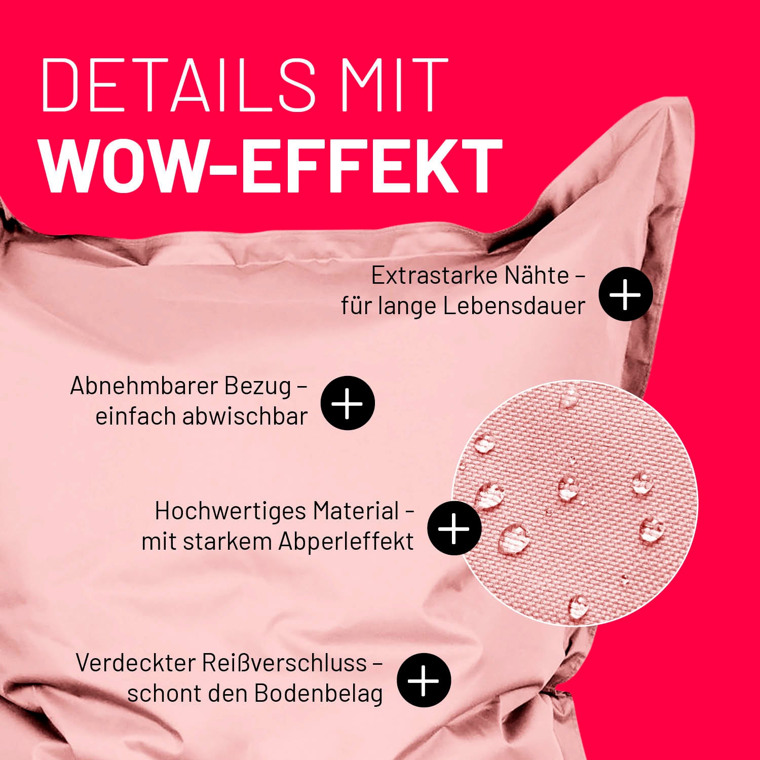 Pastell Pinker Sitzsack im Detail mit Informationen zu "Abwischbarer Bezug", "Verdeckter Reißverschluss" und "Extrastarke Nähte".