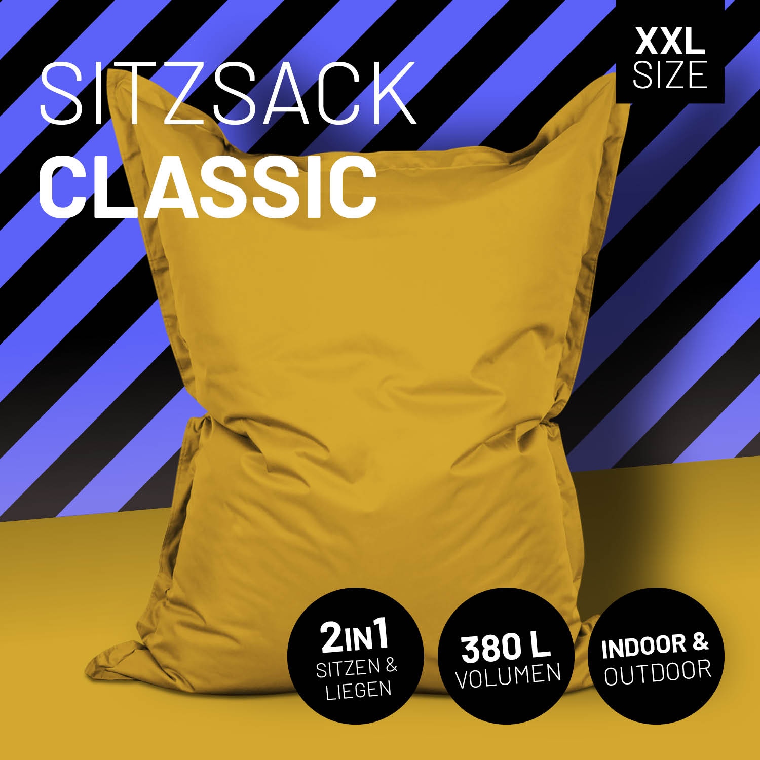 LUMALAND Sitzsack in Senfgelb mit Icon "XXL Size", "2 in 1 - Sitzen & Liegen", "380 L Volumen" und "Indoor & Outdoor".