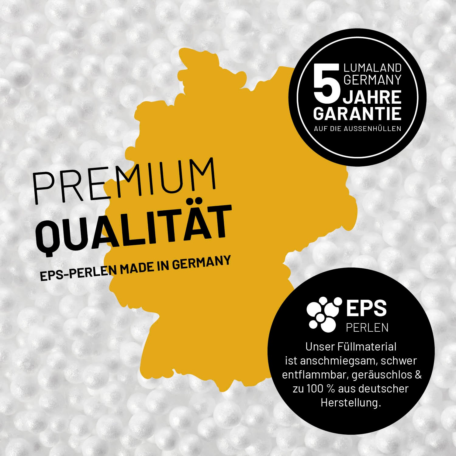 Umrisse der Deutschland-Karte mit Hinweis auf die EPS-Perlen und LUMALAND Germany 5 Jahre Garantie auf die Aussenhülle.