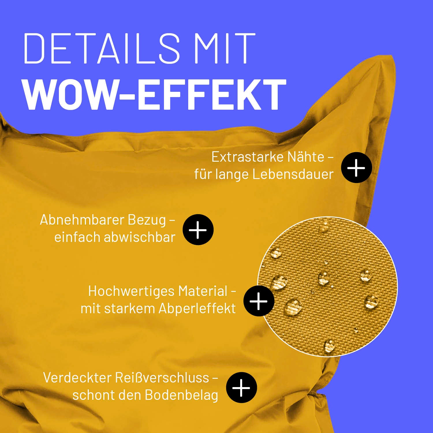 Senfgelber Sitzsack im Detail mit Informationen zu "Abwischbarer Bezug", "Verdeckter Reißverschluss" und "Extrastarke Nähte".