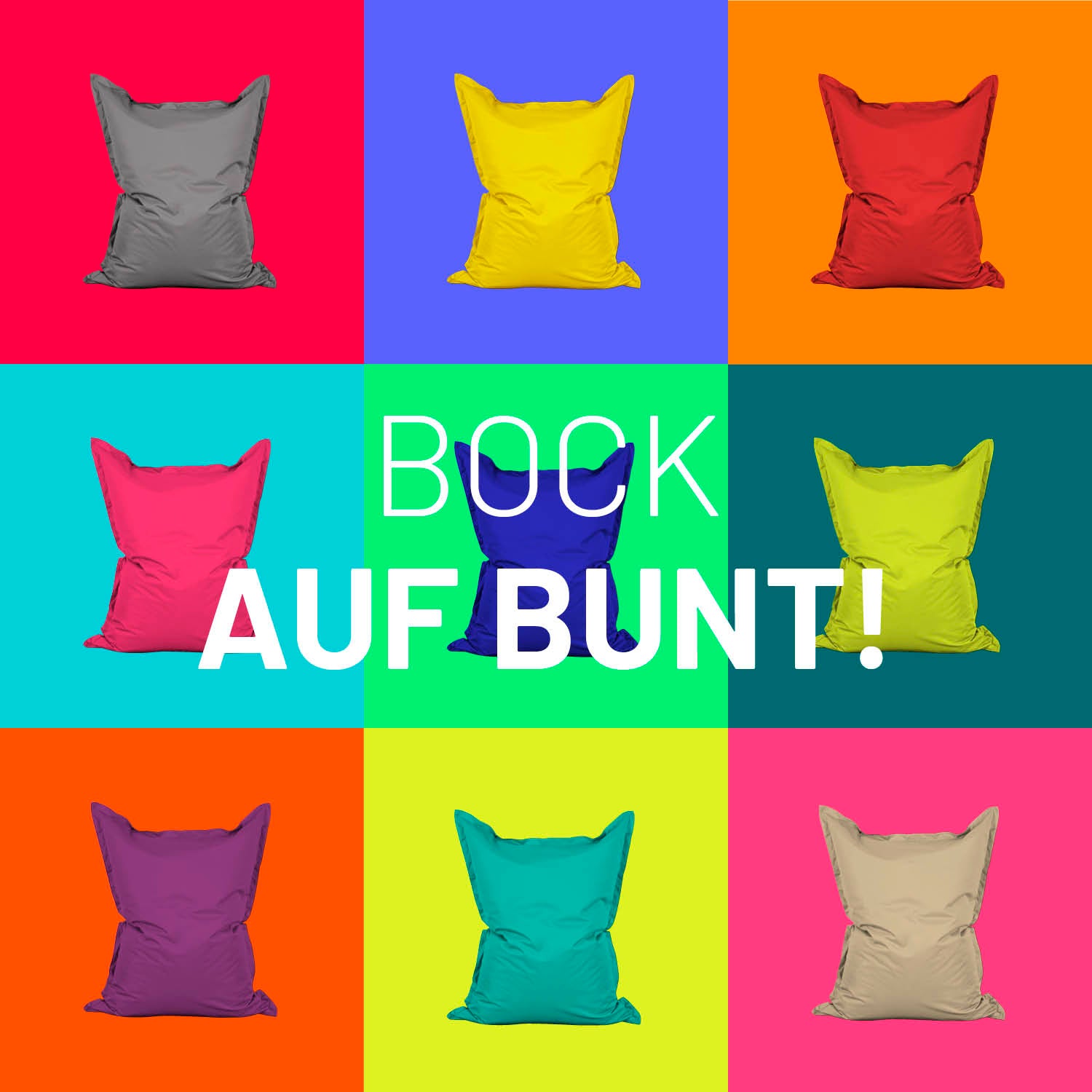 Neun verschiedene Farben des LUMALAND XXL Sitzsack vor Kontrastfarben in Kacheln - Bock auf Bunt!