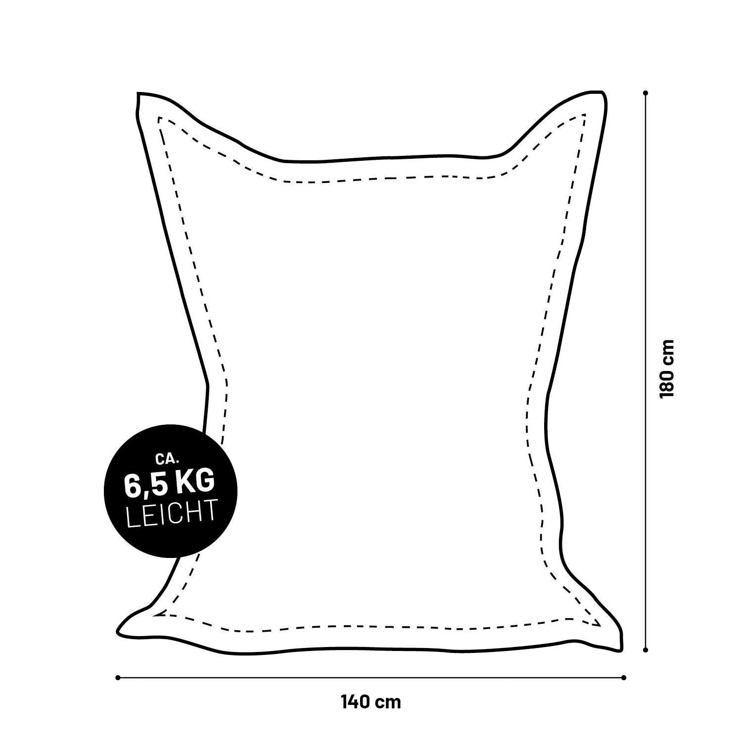 Illustration des XXL Sitzsackes mit Maßangaben (140 x 180 cm) und Gewichtsangabe (6,5 kg).