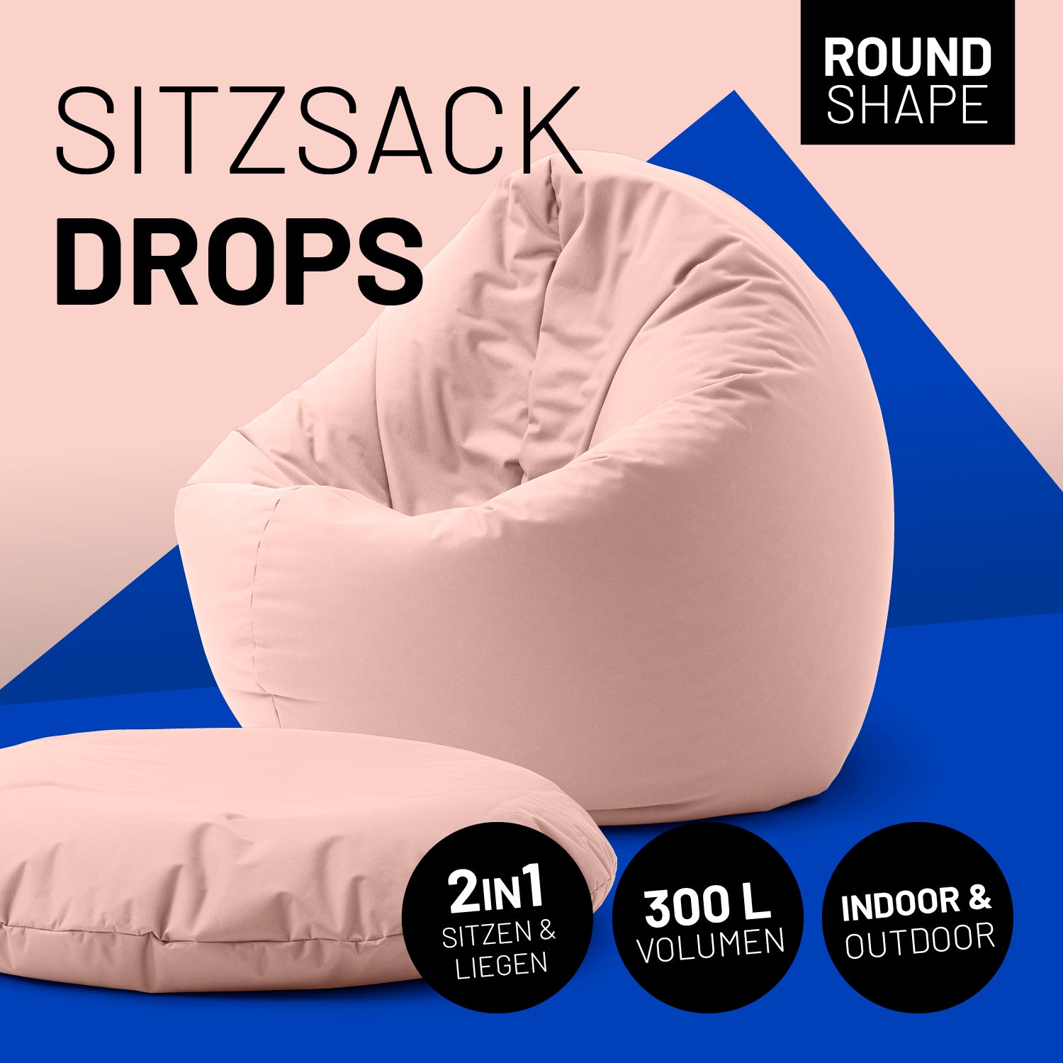 2-in-1-Sitzsack in Pastell Pink mit Icon "Round Shape", "2in1 - Sitzen & Liegen", "300 L Volumen" und "Indoor & Outdoor".