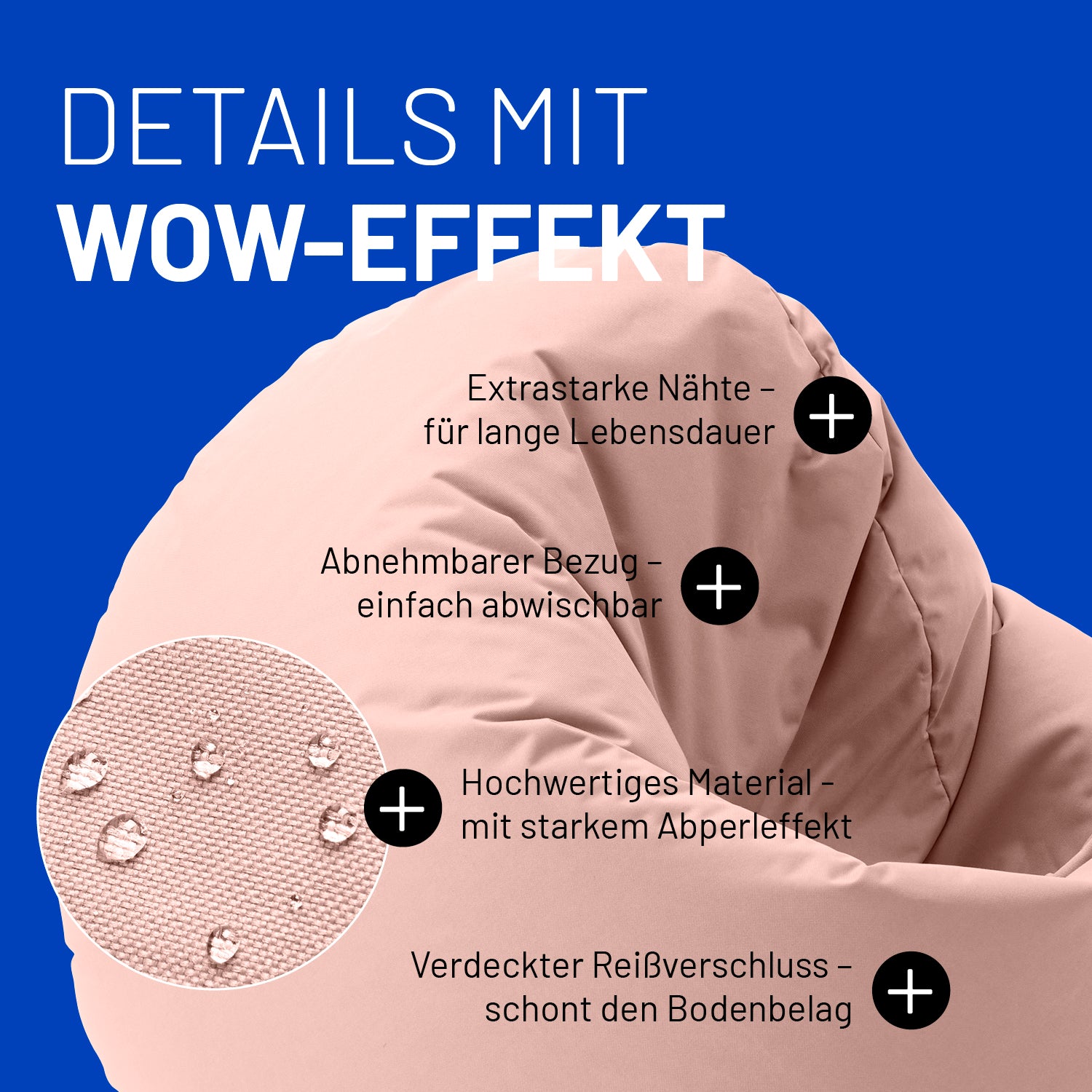 Pastell Pinker Sitzsack im Detail mit Informationen zu "Abwischbarer Bezug", "Verdeckter Reißverschluss" und "Extrastarke Nähte".