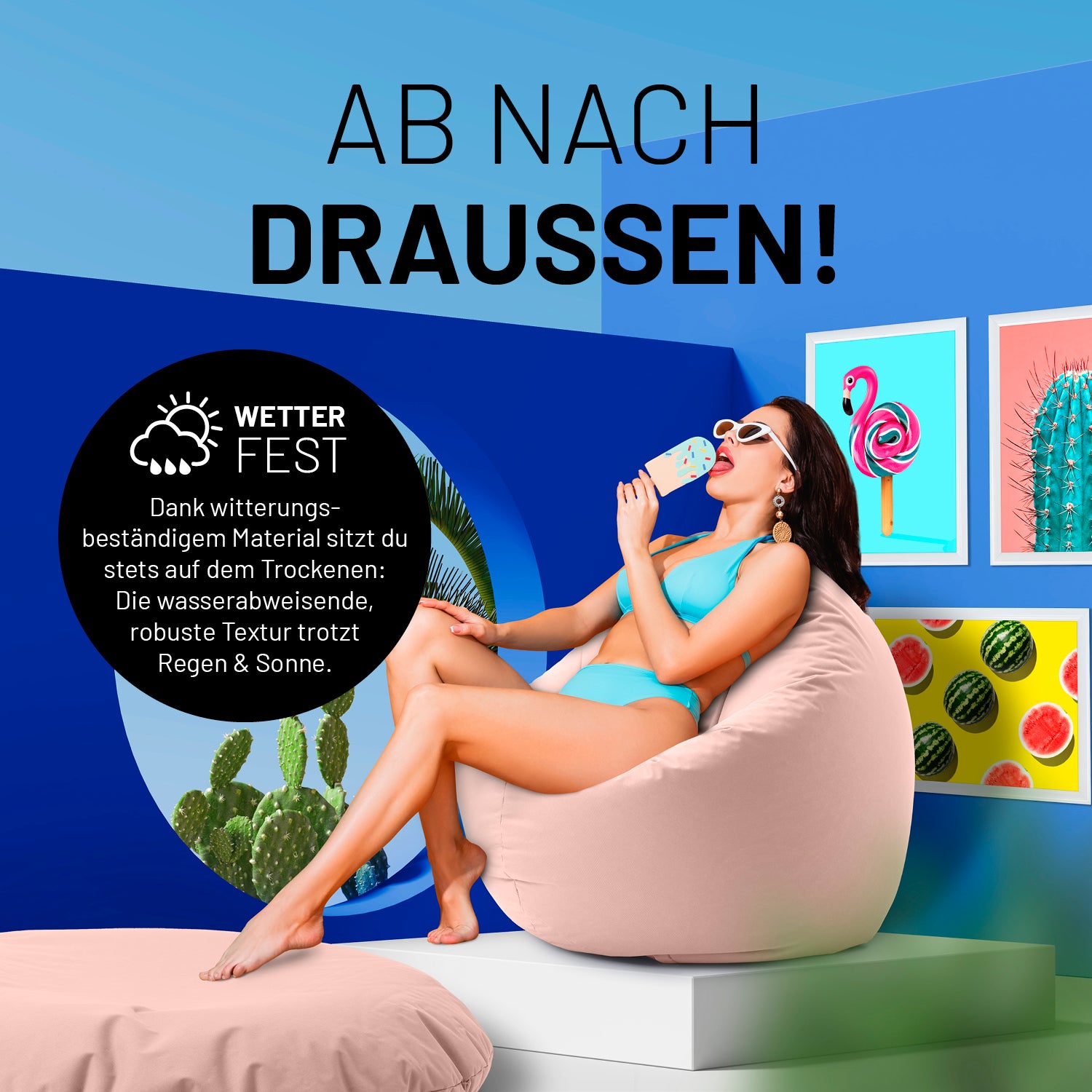 Eine Frau sitzt auf dem pastell pinken Sitzsack und isst Eis in sehr bunten Szene - "Witterungsbeständiges Material."