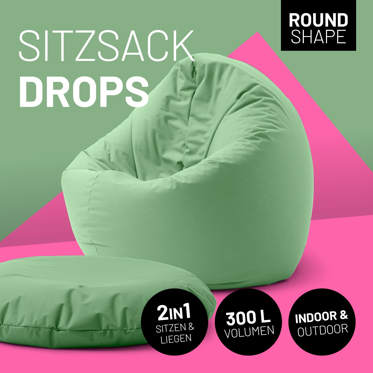 2-in-1-Sitzsack in Pastellgrün mit Icon "Round Shape", "2in1 - Sitzen & Liegen", "300 L Volumen" und "Indoor & Outdoor".