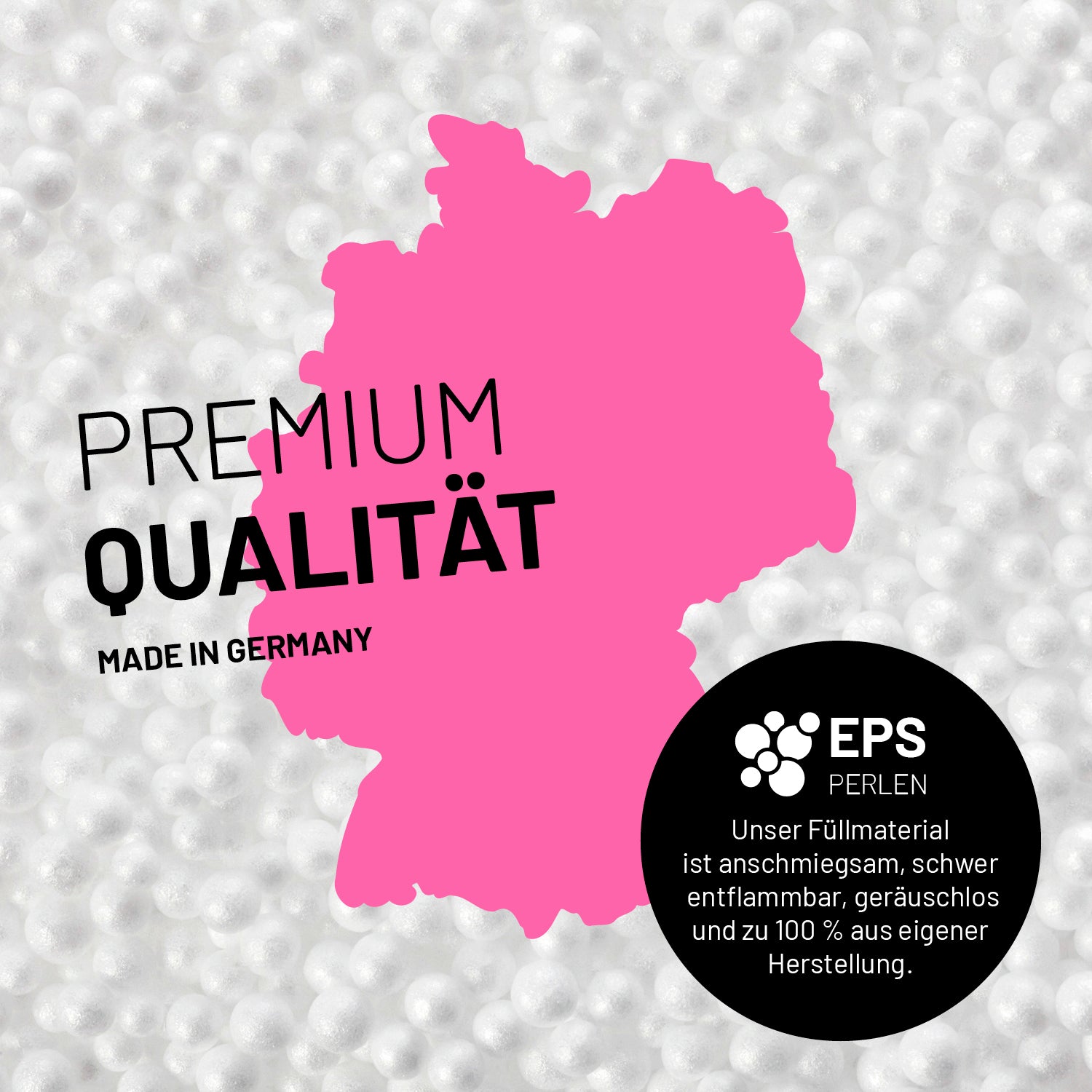 Umrisse der Deutschland-Karte mit Hinweis auf die EPS-Perlen "Anschmiegsam, schwer entflammbar und geräuschlos".