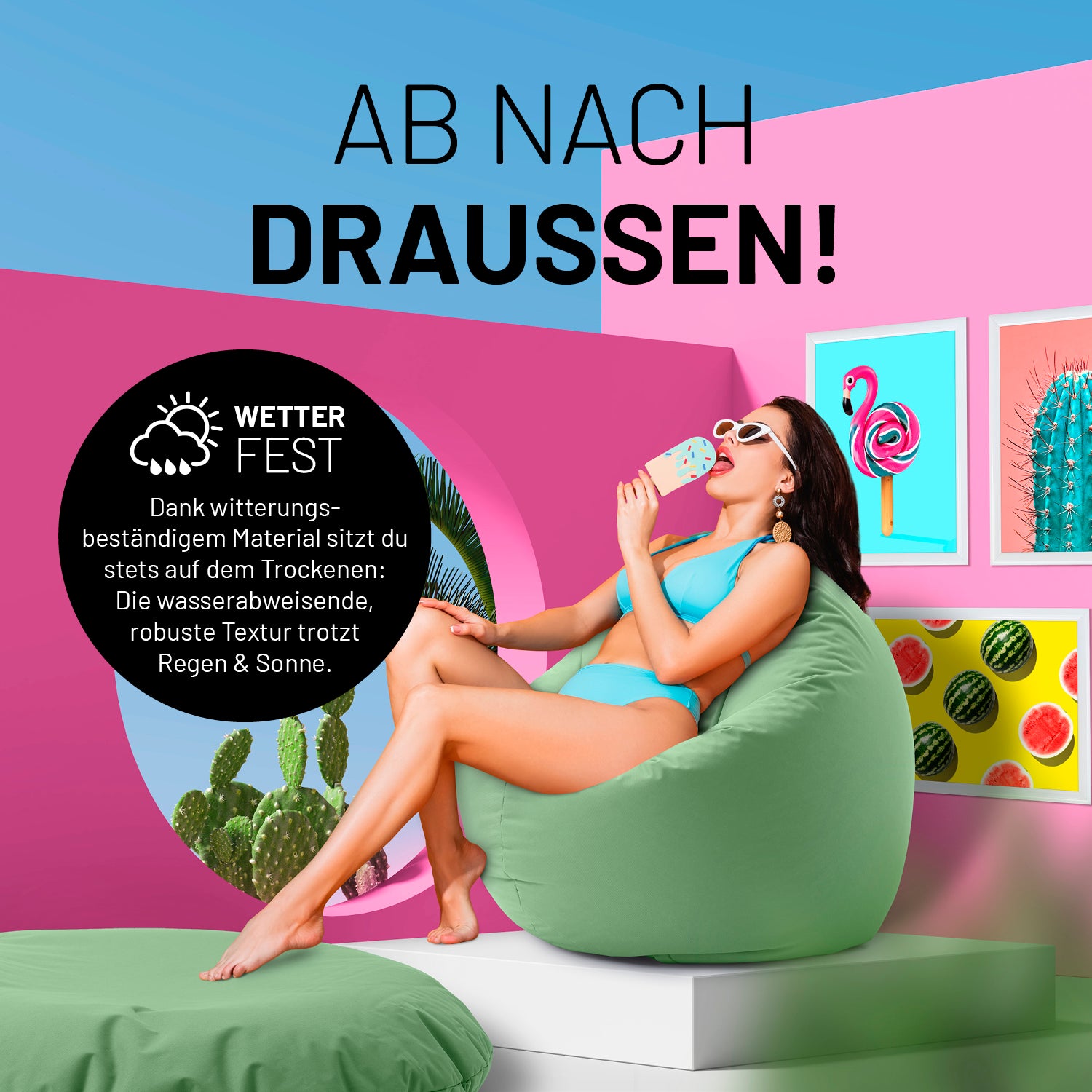 Eine Frau sitzt auf dem pastellgrün Sitzsack und isst Eis in sehr bunten Szene - "Witterungsbeständiges Material."