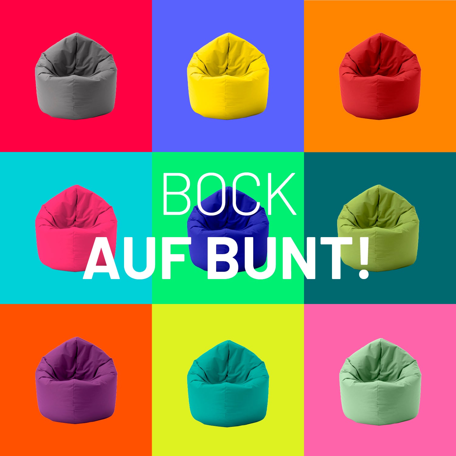 Neun verschiedene Farben des LUMALAND Runden Sitzsack 2 in 1 vor Kontrastfarben in Kacheln - Bock auf Bunt!