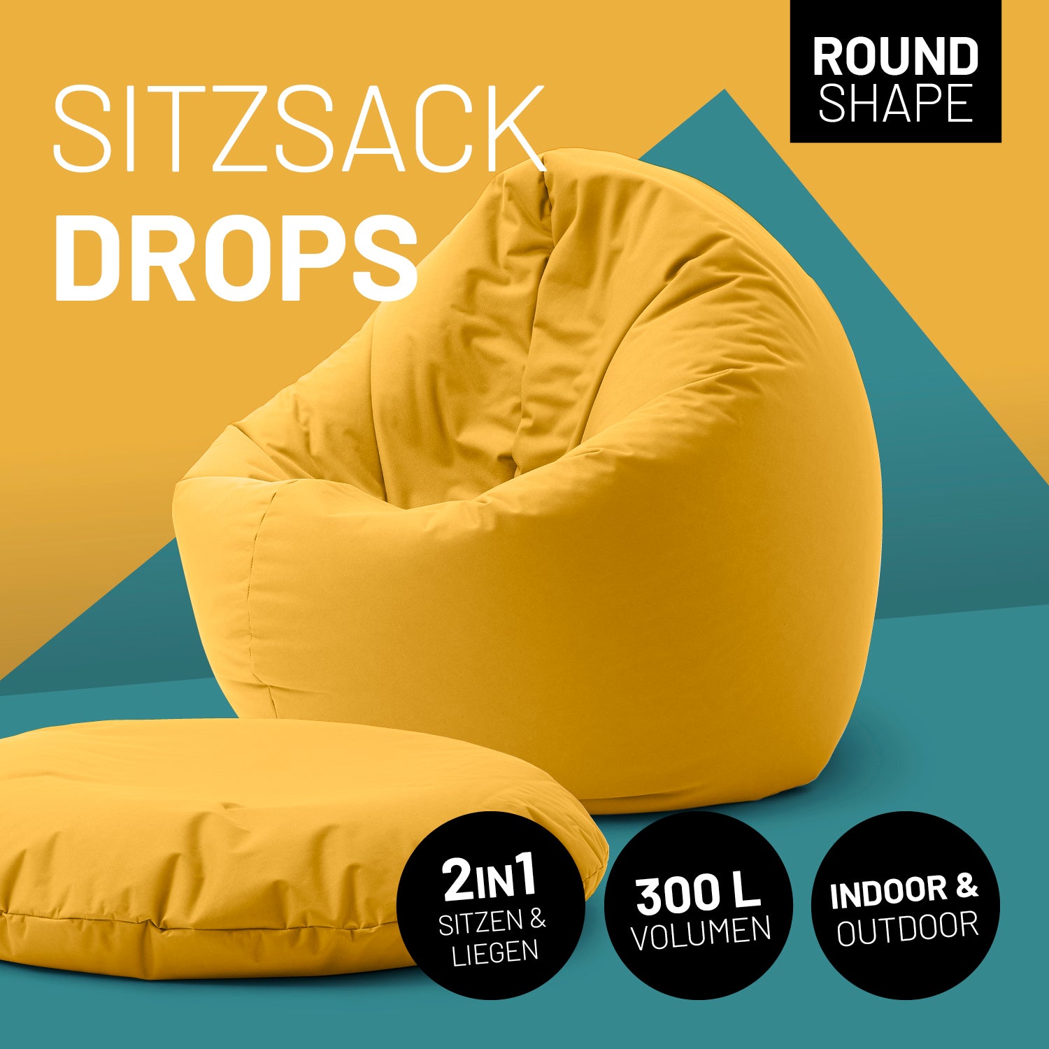 2-in-1-Sitzsack in Senfgelb mit Icon "Round Shape", "2in1 - Sitzen & Liegen", "300 L Volumen" und "Indoor & Outdoor".