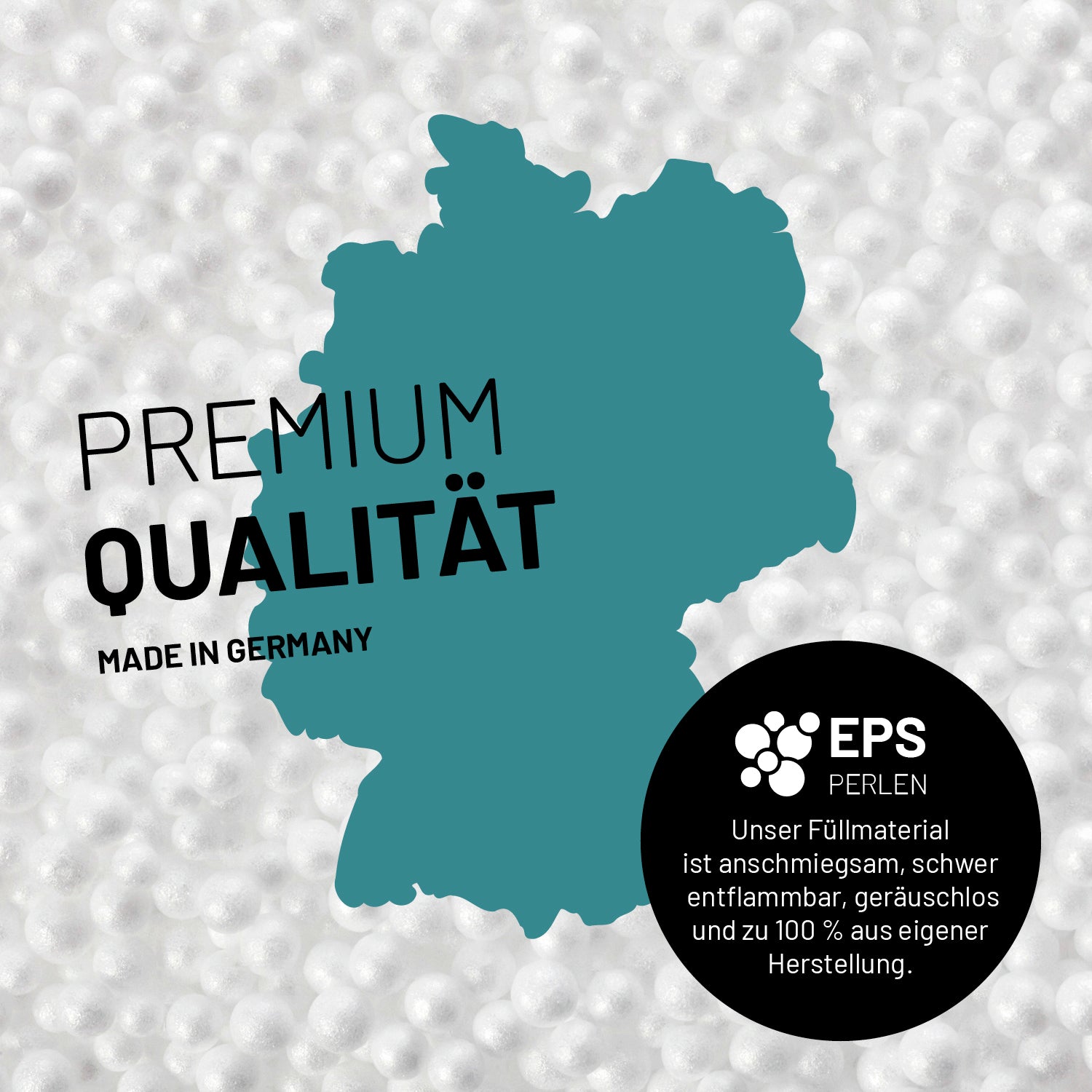 Umrisse der Deutschland-Karte mit Hinweis auf die EPS-Perlen "Anschmiegsam, schwer entflammbar und geräuschlos".