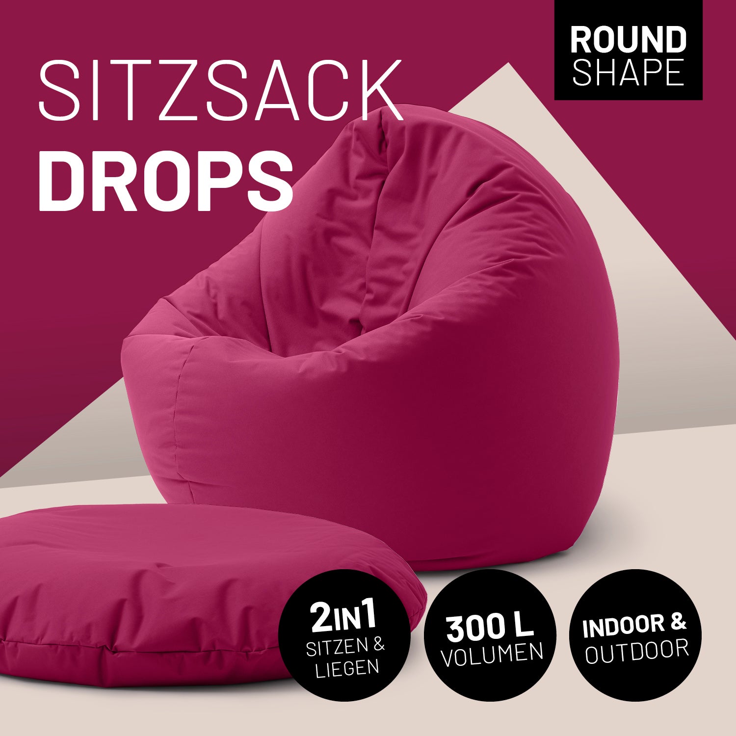 2-in-1-Sitzsack in Weinrot mit Icon "Round Shape", "2in1 - Sitzen & Liegen", "300 L Volumen" und "Indoor & Outdoor".