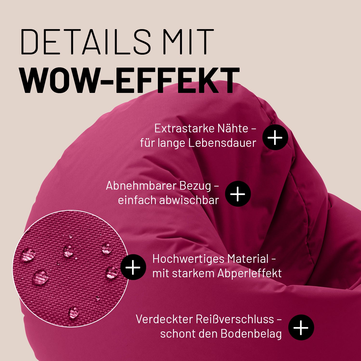 Weinroter Sitzsack im Detail mit Informationen zu "Abwischbarer Bezug", "Verdeckter Reißverschluss" und "Extrastarke Nähte".