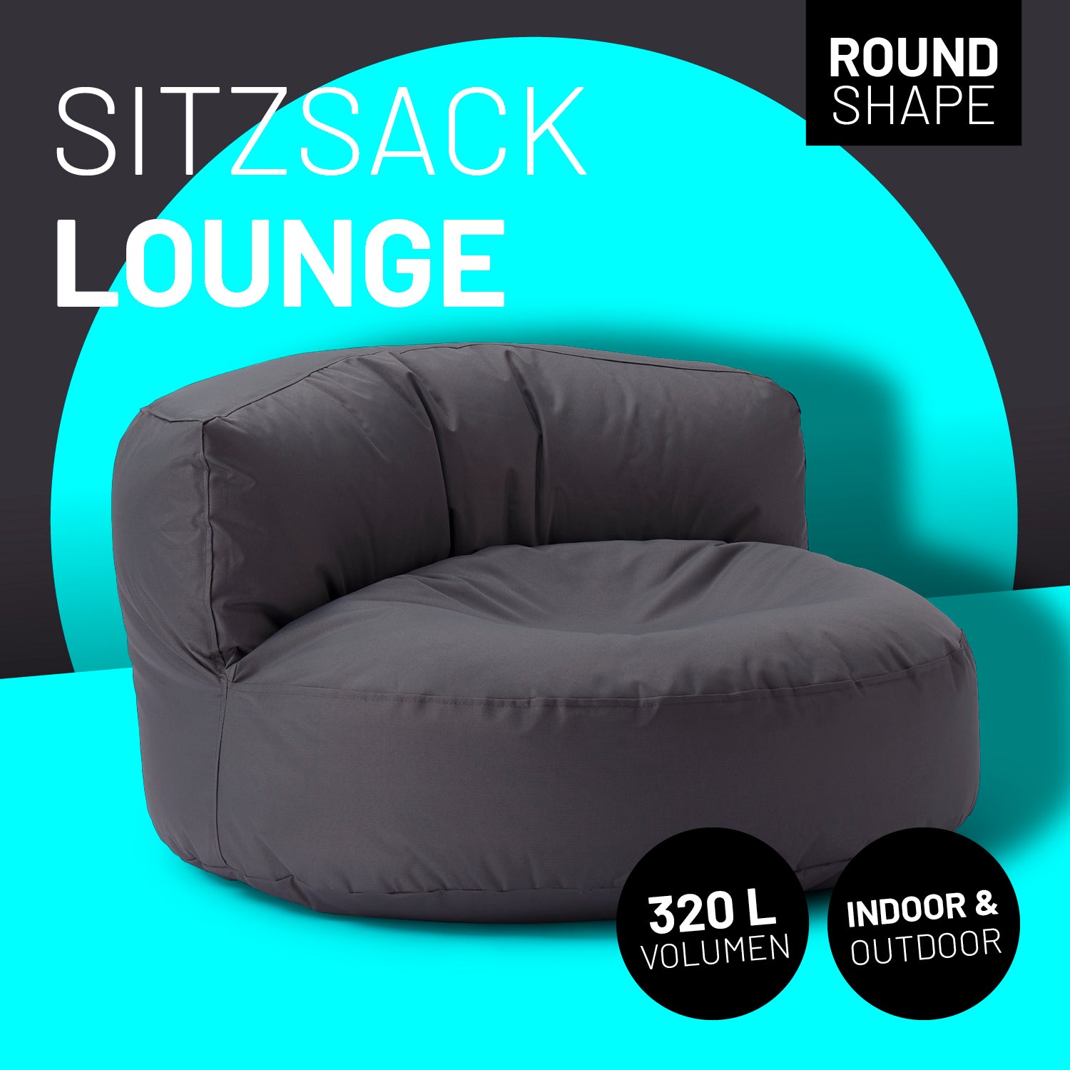Lounge Sitzsack-Sofa in Anthrazit mit Icon "Round Shape", "320 L Volumen" und "Indoor & Outdoor".