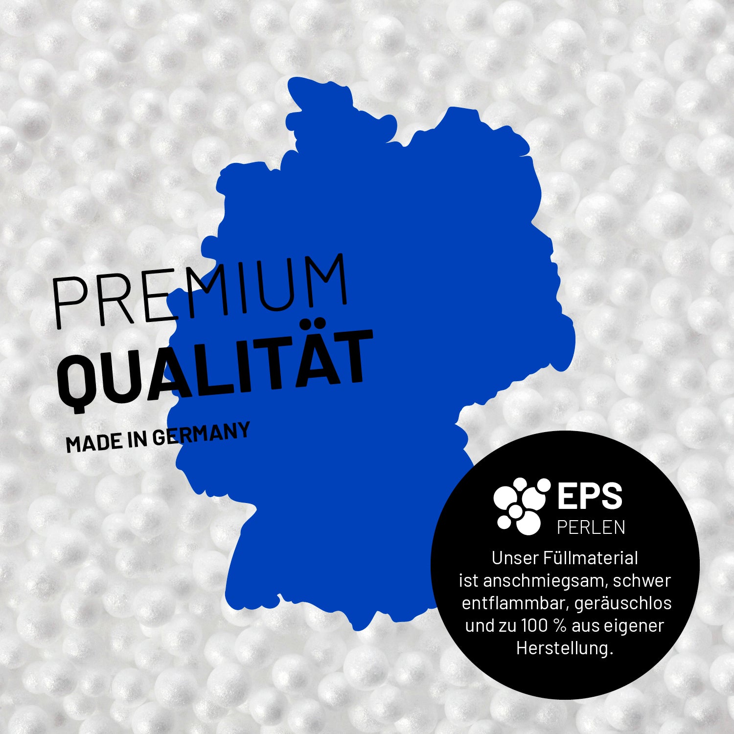 Umrisse der Deutschland-Karte mit Hinweis auf die EPS-Perlen und LUMALAND Germany 5 Jahre Garantie auf die Aussenhülle.