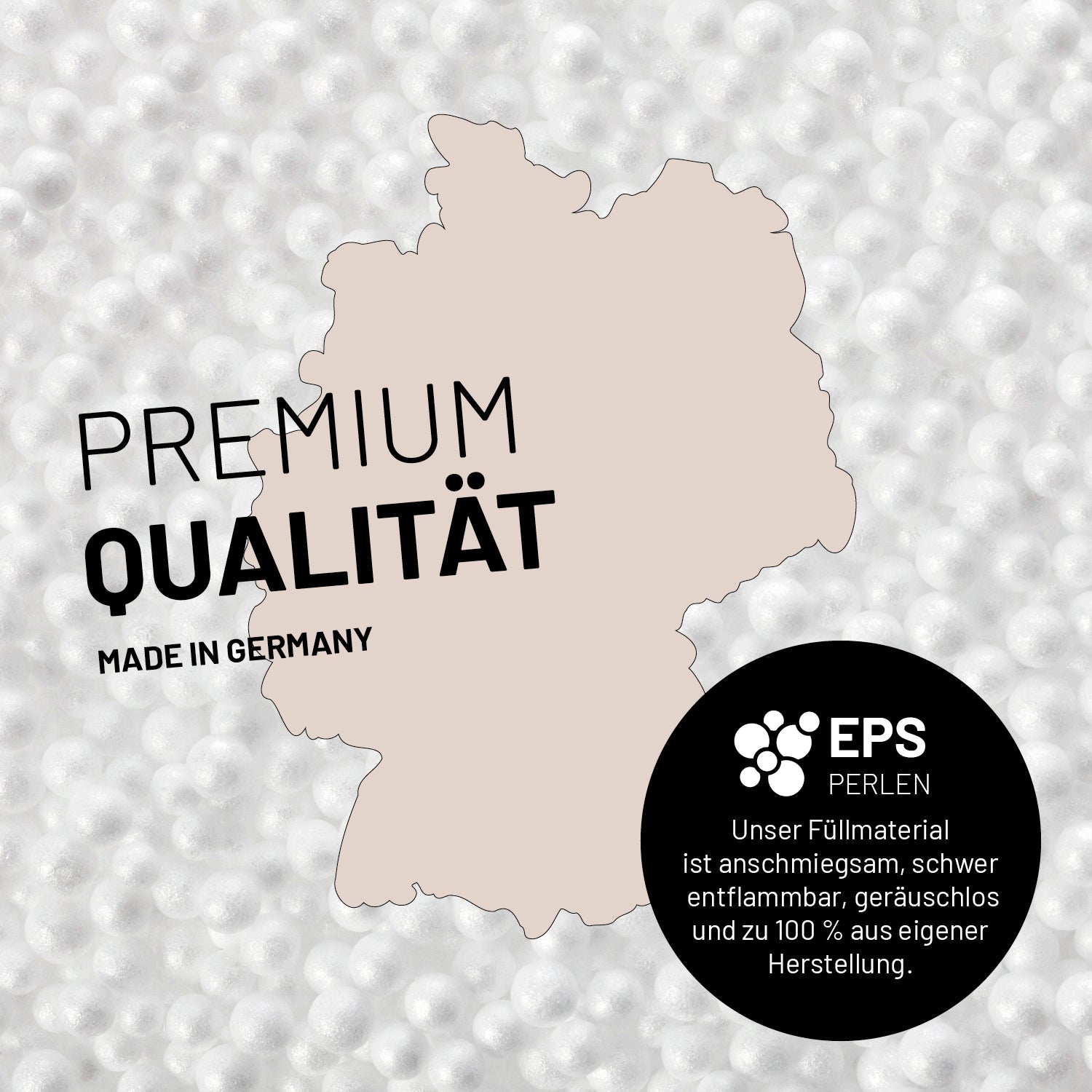 Umrisse der Deutschland-Karte mit Hinweis auf die EPS-Perlen und LUMALAND Germany 5 Jahre Garantie auf die Aussenhülle.