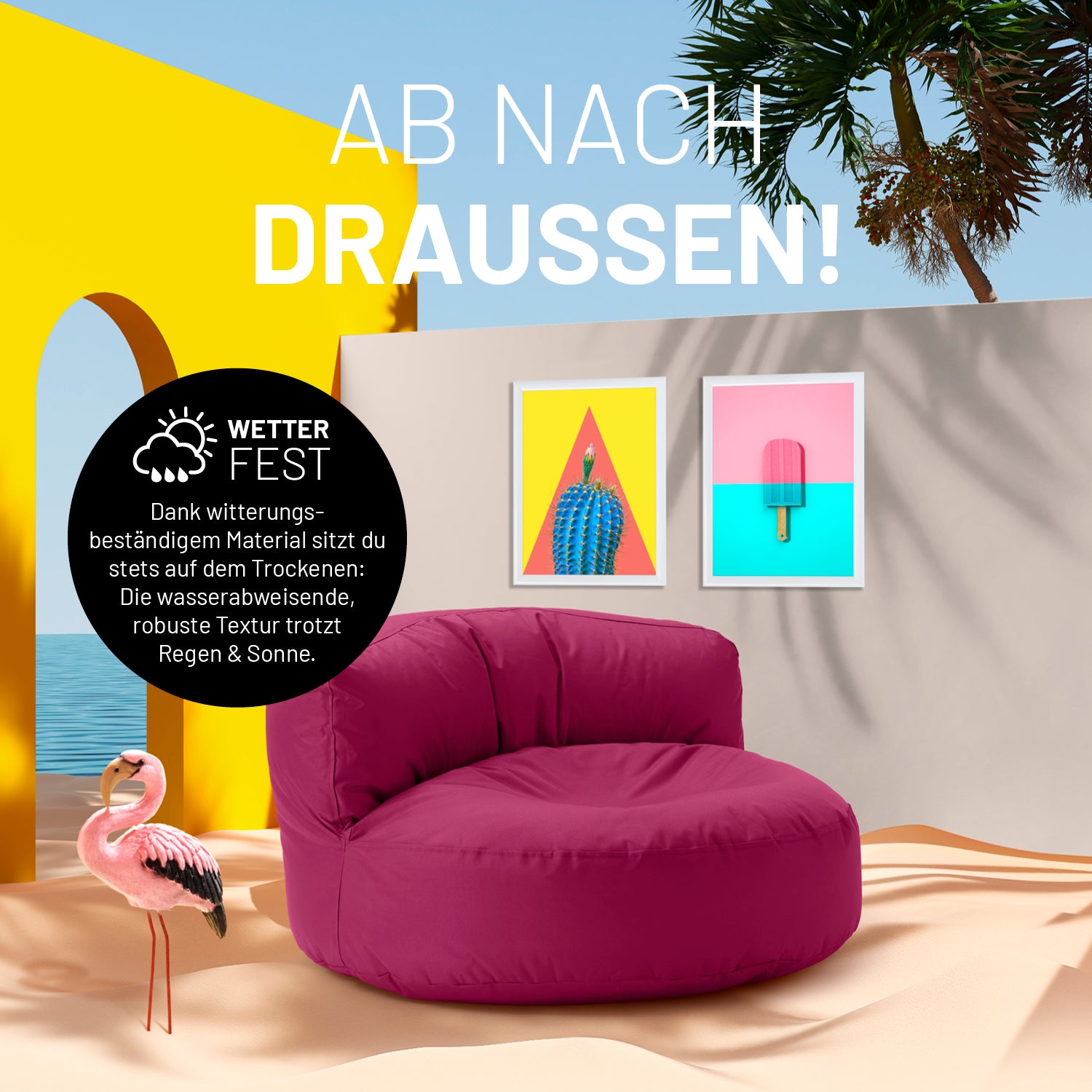 Weinroter Lounge-Sitzsack in einer sehr bunten Outdoorszene mit Flamingo und Icon zum "Witterungsbeständigen Material."