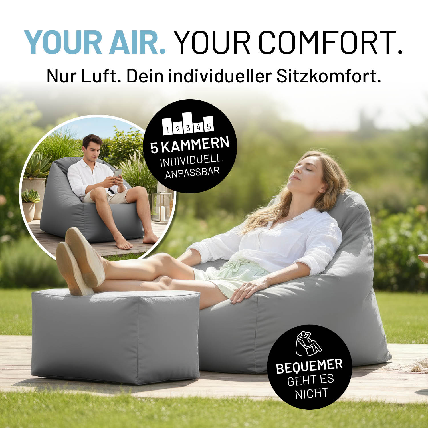 Eine Frau entspannt auf grauem Luftsessel im Garten, Füße auf dem Hocker.  Icons zu "5 Kammern individuell anpassbar für maximalen Sitzkomfort" und "Bequemer geht es nicht".