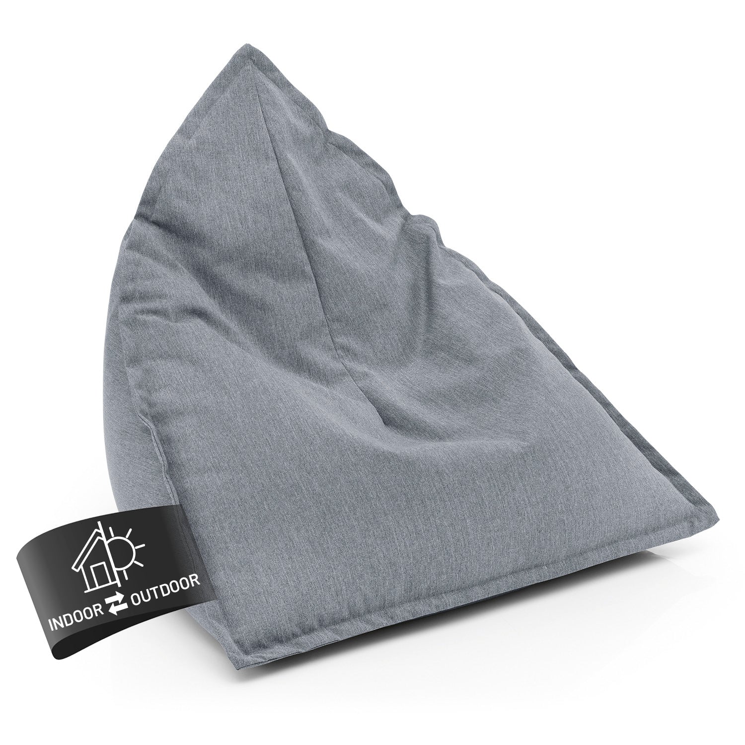 Grauer Triangle Sitzsack aus der Olefin Collection vor weißem Hintergrund mit Icon zum Thema Indoor & Outdoor.