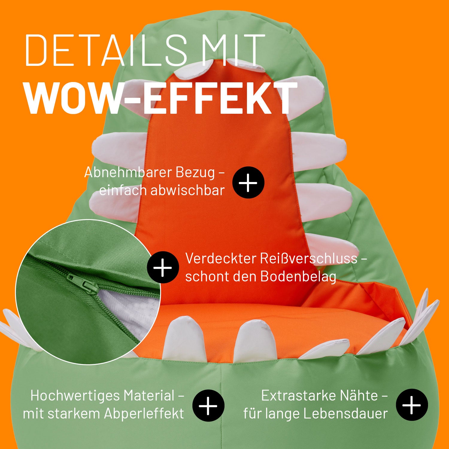 Dino-Sitzsack im Detail mit Produktinformationen: Verdeckter Reißverschluss, abnehmbarer Bezug & extra starke Nähte.