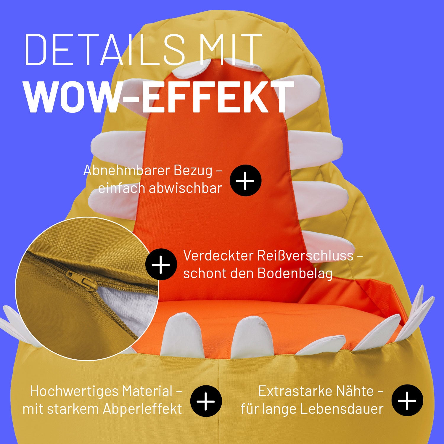 Dino-Sitzsack im Detail mit Produktinformationen: Verdeckter Reißverschluss, abnehmbarer Bezug & extra starke Nähte.