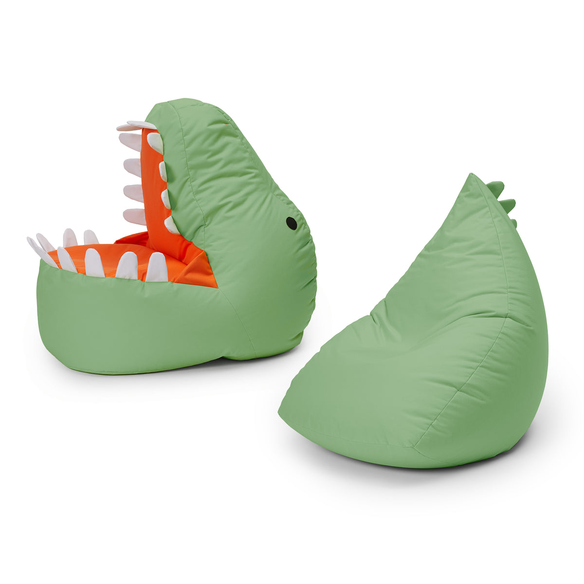 Pastellgrüner Dino Sitzsack in Kombination mit dem pastellgrünen Monster auf weißem Hintergrund.