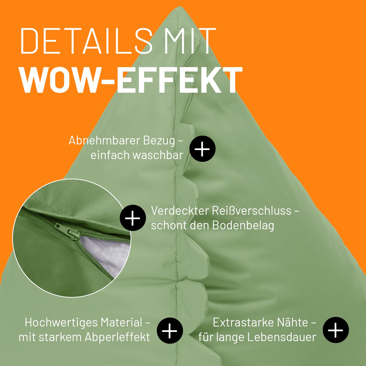 Monster-Sitzsack im Detail mit Produktinformationen: Verdeckter Reißverschluss, abnehmbarer Bezug & extra starke Nähte.