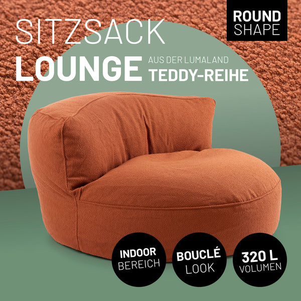 Sitzsack-Sofa Lounge in Terracotta aus der LUMALAND Teddy-Reihe mit 320 L Volumen im Bouclé Look für den Indoor-Bereich.