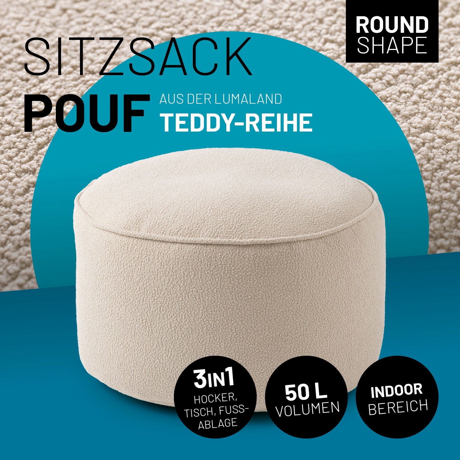 Beiger Hocker aus der LUMALAND Teddy-Reihe mit 50 L Volumen für verschiedene Anwendungsbereiche: Hocker, Tisch und Fußbablage.