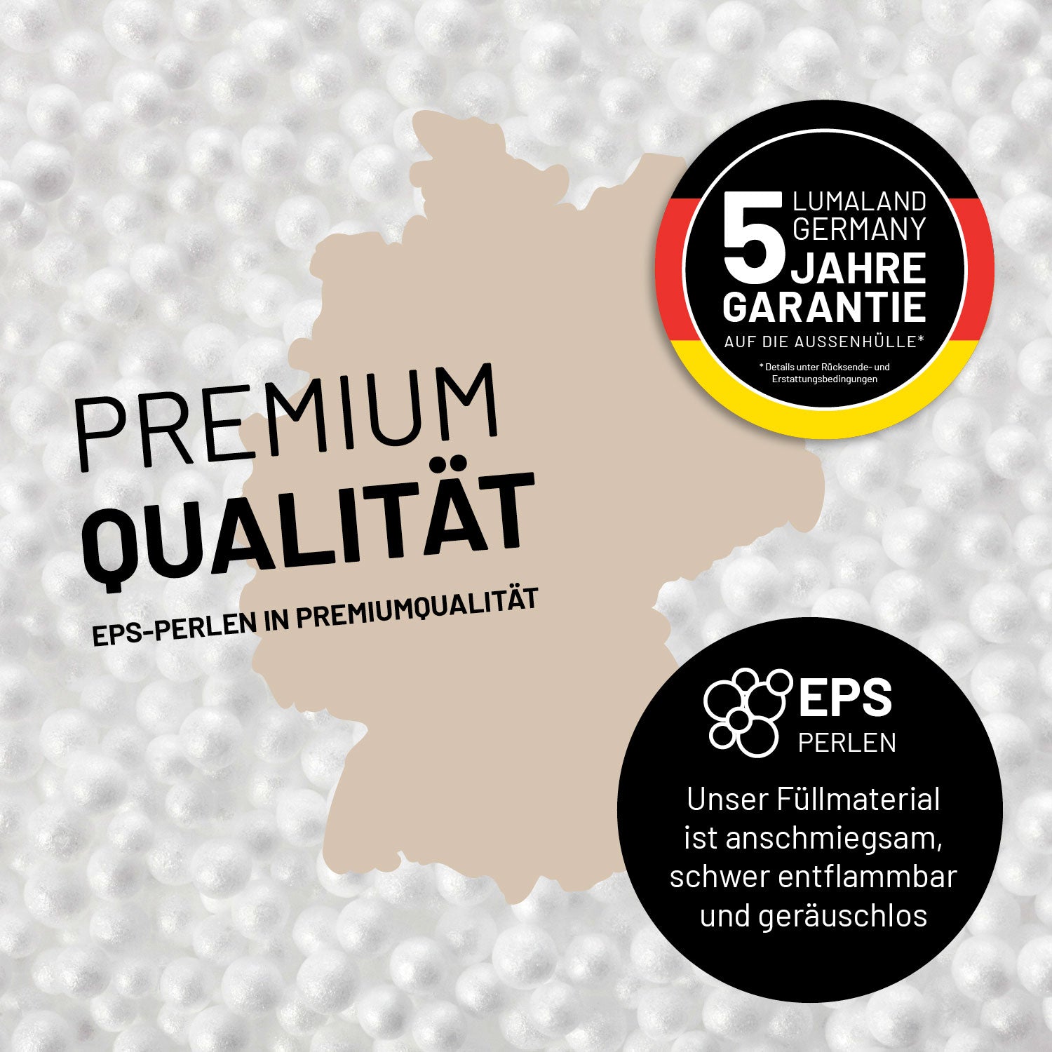 Umrisse der Deutschland-Karte mit Hinweis auf die EPS-Perlen und LUMALAND Germany 5 Jahre Garantie auf die Aussenhülle.