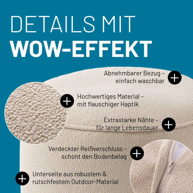 LUMALAND Hocker in Beige mit Produktinformationen: Verdeckter Reißverschluss, robuste Unterseite und waschbarer Bezug. 
