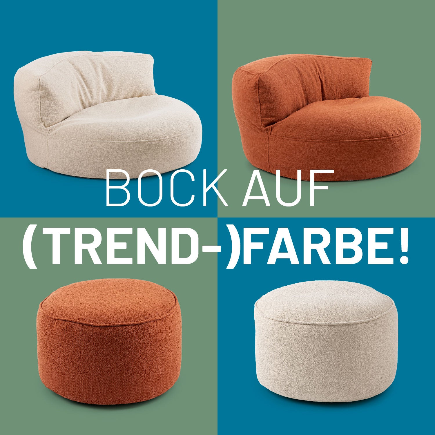 Sitzsack-Sofa Lounge und Hocker aus der LUMALAND Teddy-Reihe jeweils in den Trendfarben Beige und Terracotta.