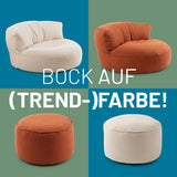 Sitzsack-Sofa Lounge und Hocker aus der LUMALAND Teddy-Reihe jeweils in den Trendfarben Beige und Terracotta.