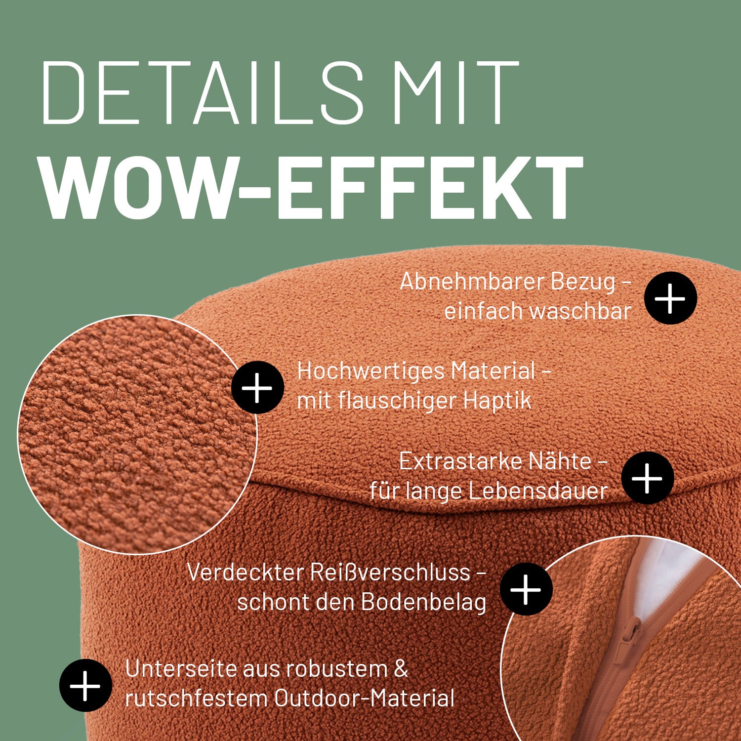LUMALAND Hocker in Terracotta mit Produktinformationen: Verdeckter Reißverschluss, robuste Unterseite und waschbarer Bezug. 